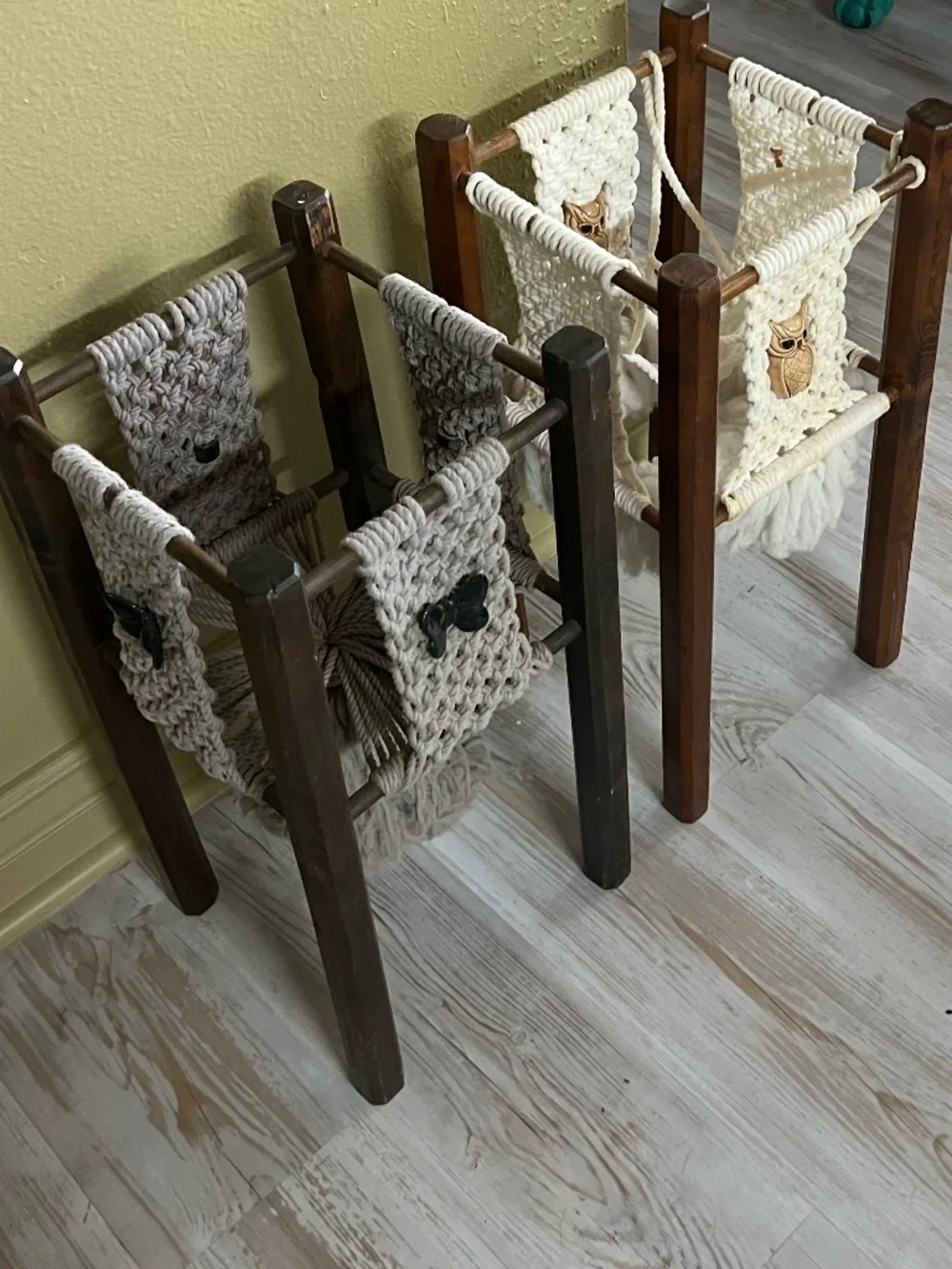 Vintage Handmade wooden and macrame plant stands featuring a woven owl pattern